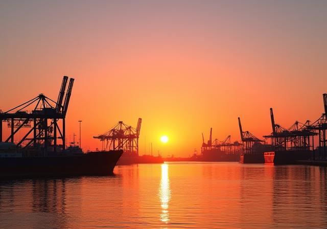 Panoramablick auf die Hafenanlagen von Rostock bei Sonnenuntergang